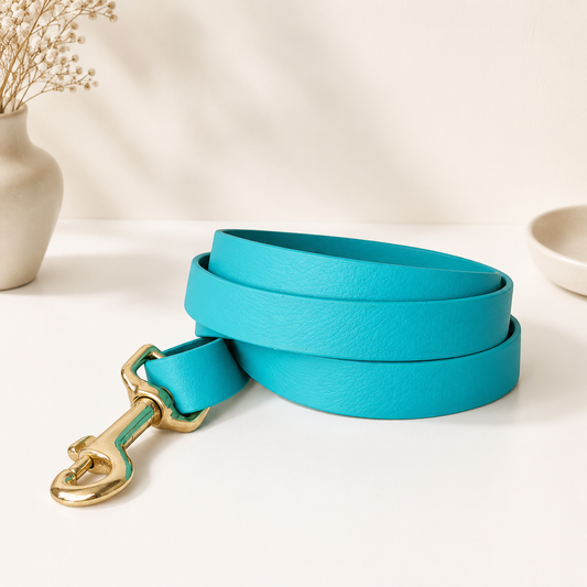 Laisse pour chien personnalisée résistante à l’eau en sangle waterproof coloris bleu avec marquage gravé.