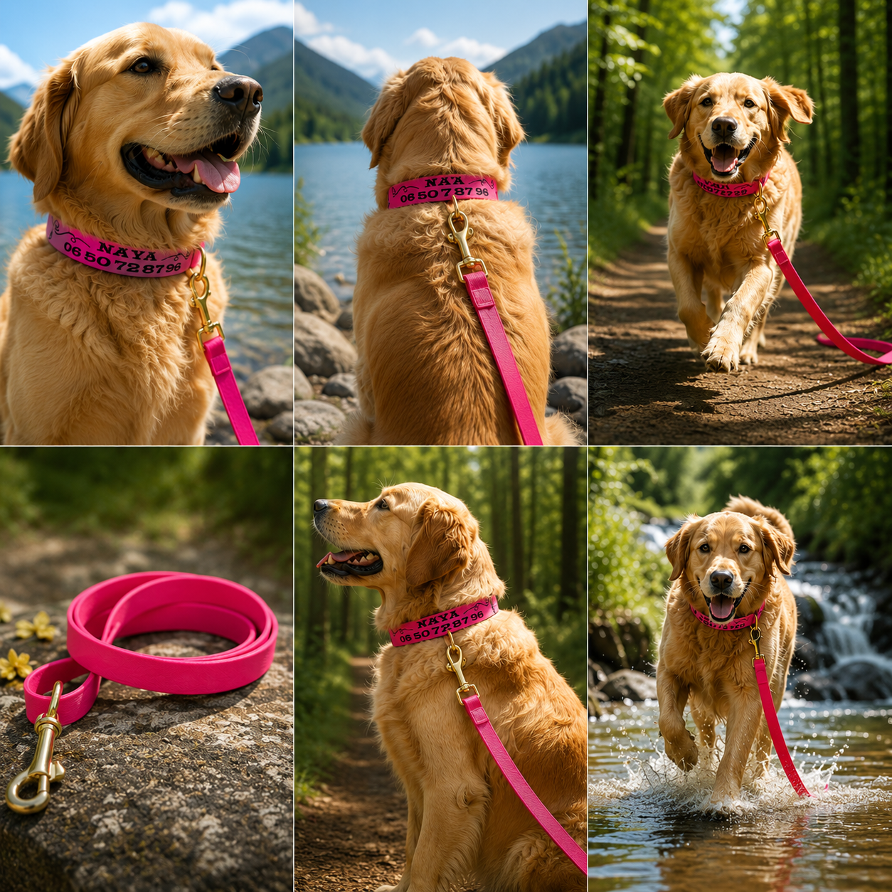 Chien portant un collier assorti à une laisse waterproof personnalisée lors d’une promenade en extérieur.