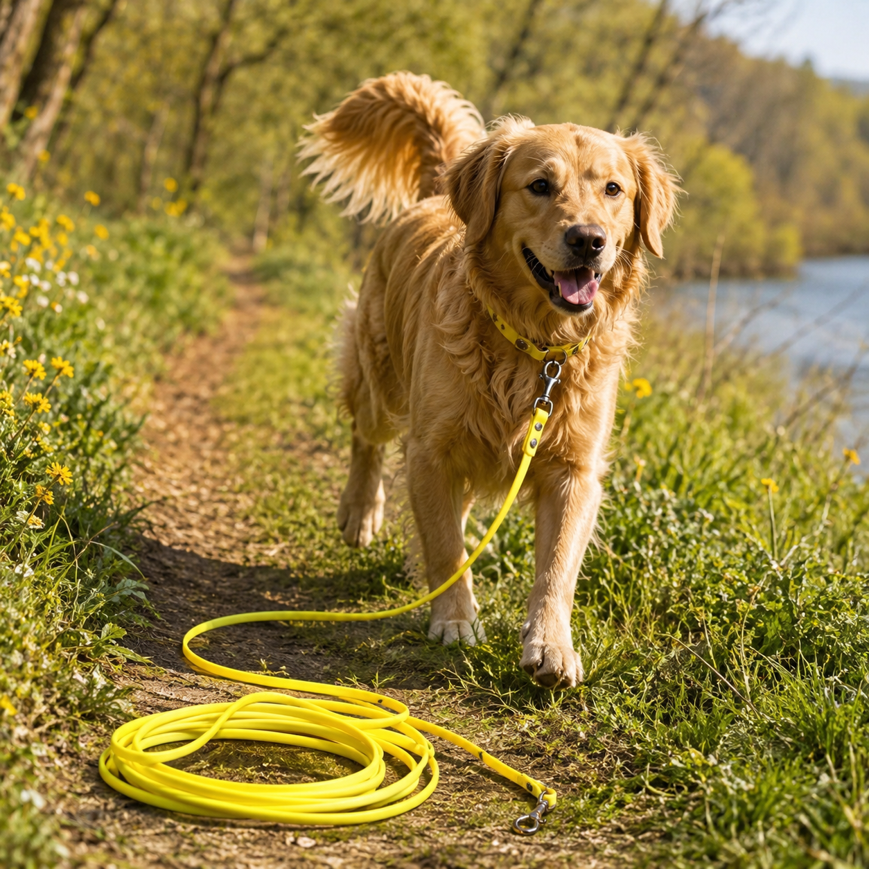 Chien en promenade portant une longe waterproof résistante à l’eau lors d’une balade en nature