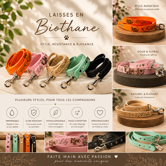 Laisse pour chien en Biothane personnalisée, plusieurs modèles et couleurs disponibles, fabrication artisanale