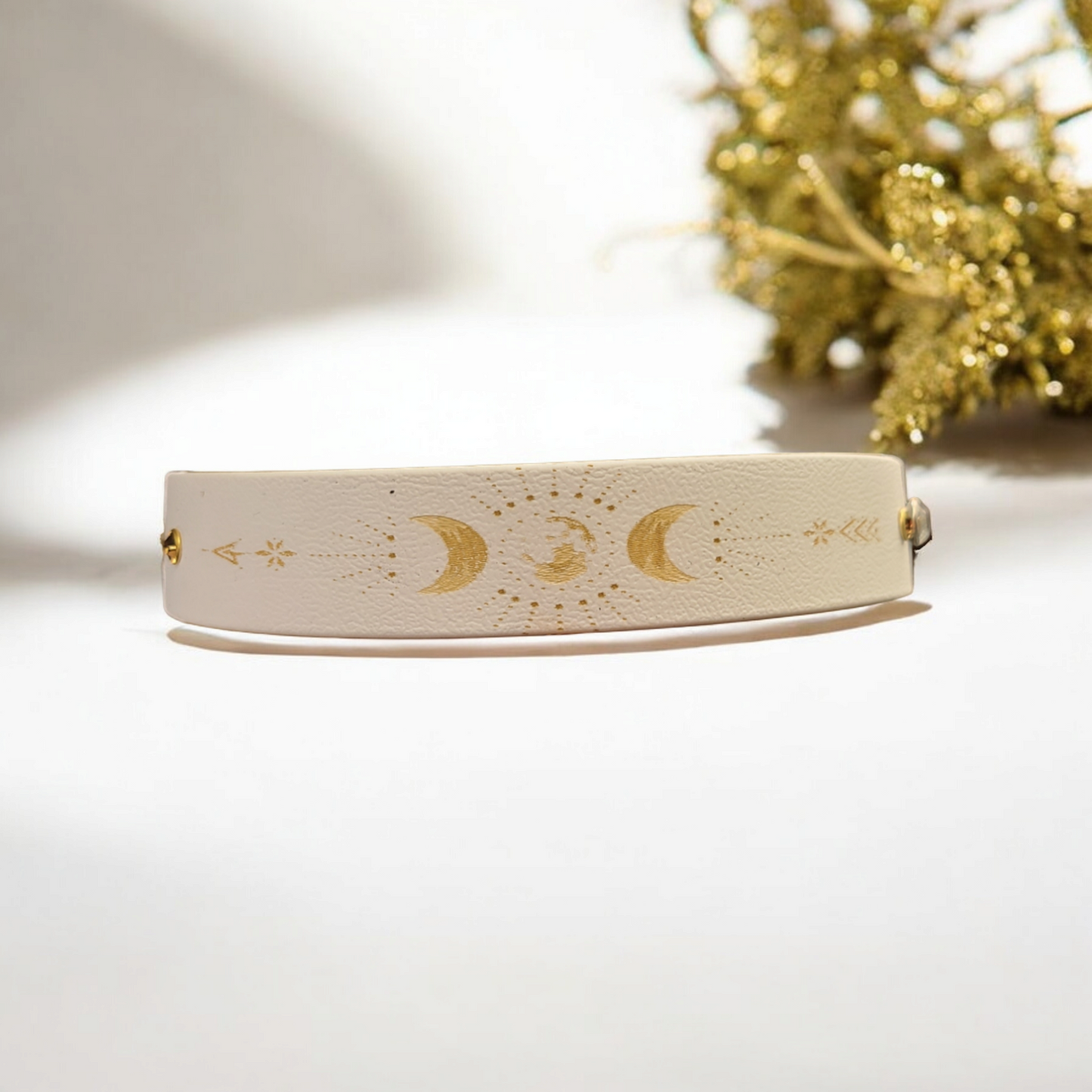 Collier chien biothane 25 mm Eldoréa blanc et or, design lune et étoiles, vue frontale