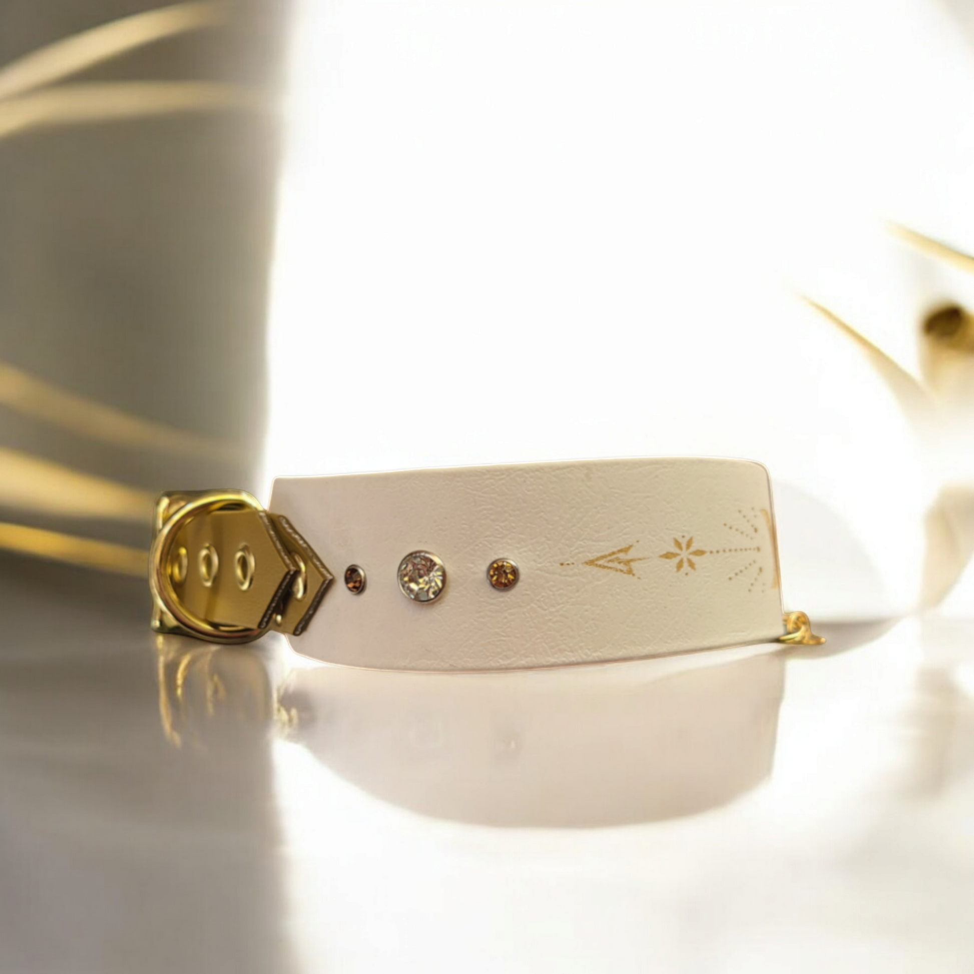 Collier biothane 38 mm Eldoréa blanc et or, vue côté droit avec bouclerie et gravure lune