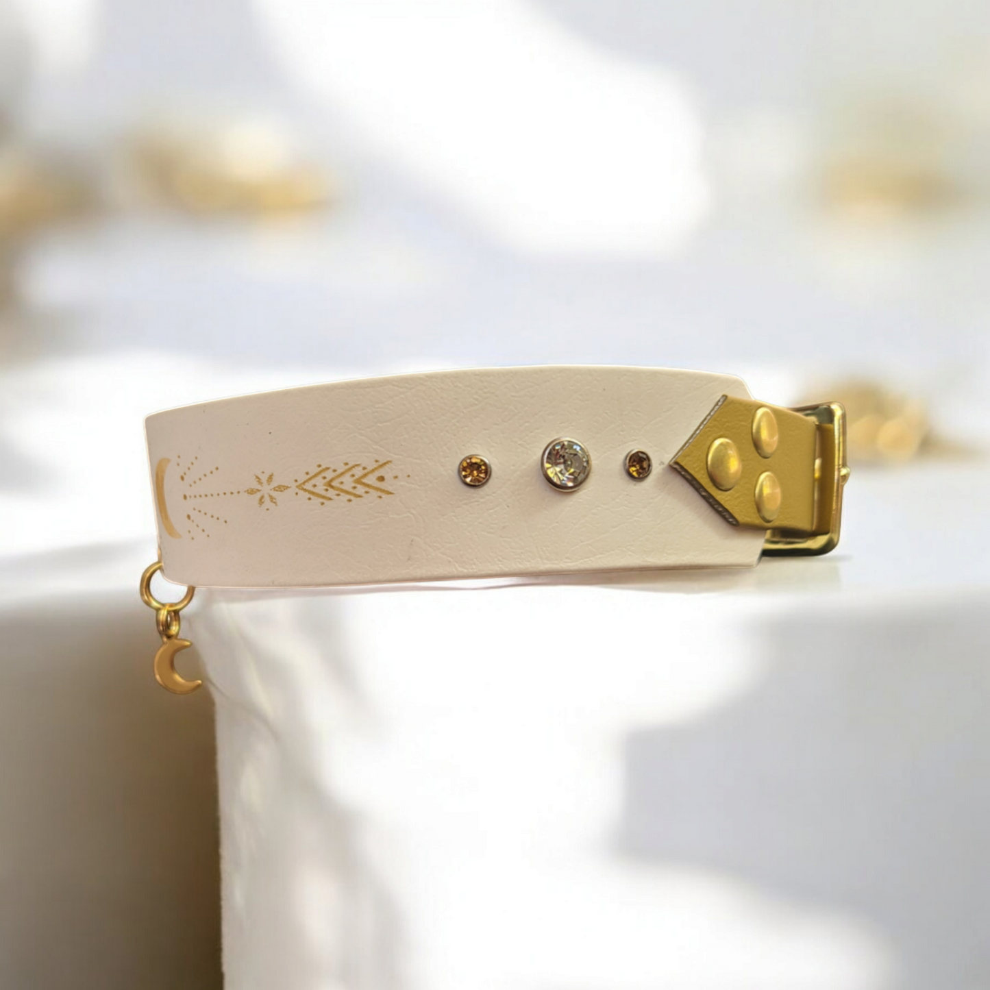 Collier chien biothane personnalisé Eldoréa 38 mm blanc et or, vue côté gauche avec motifs étoiles