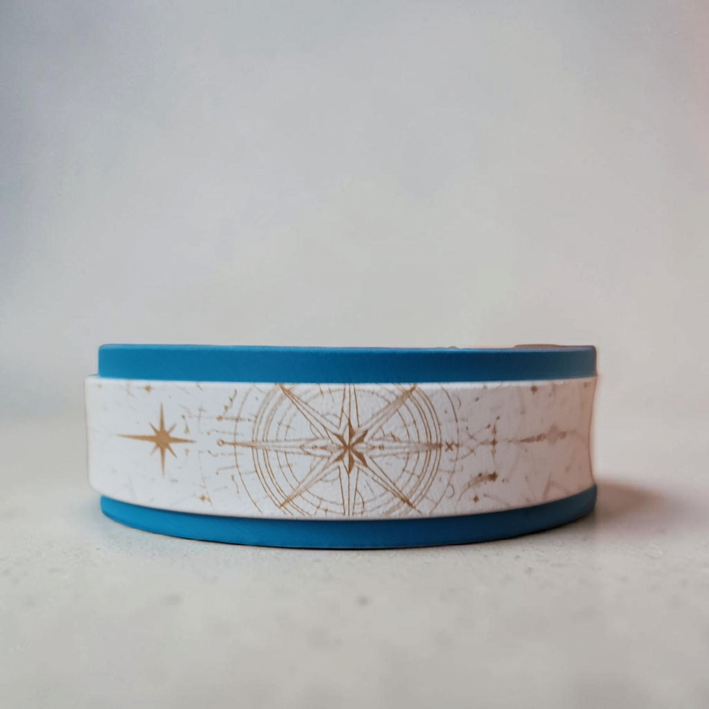 Collier chien biothane bleu et blanc superposé Nomade, vue de face avec gravure boussole