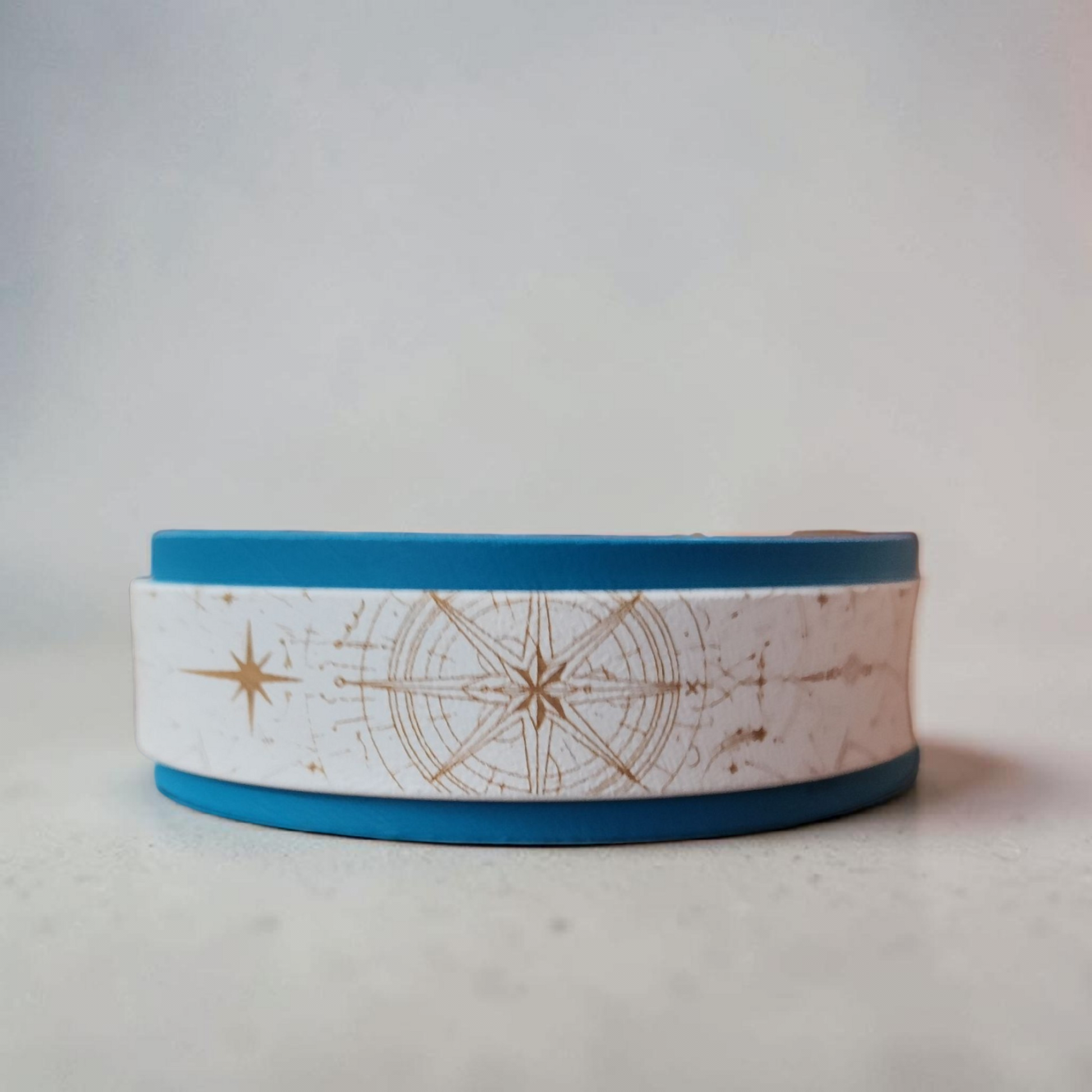 Collier chien biothane bleu et blanc superposé Nomade, vue de face avec gravure boussole