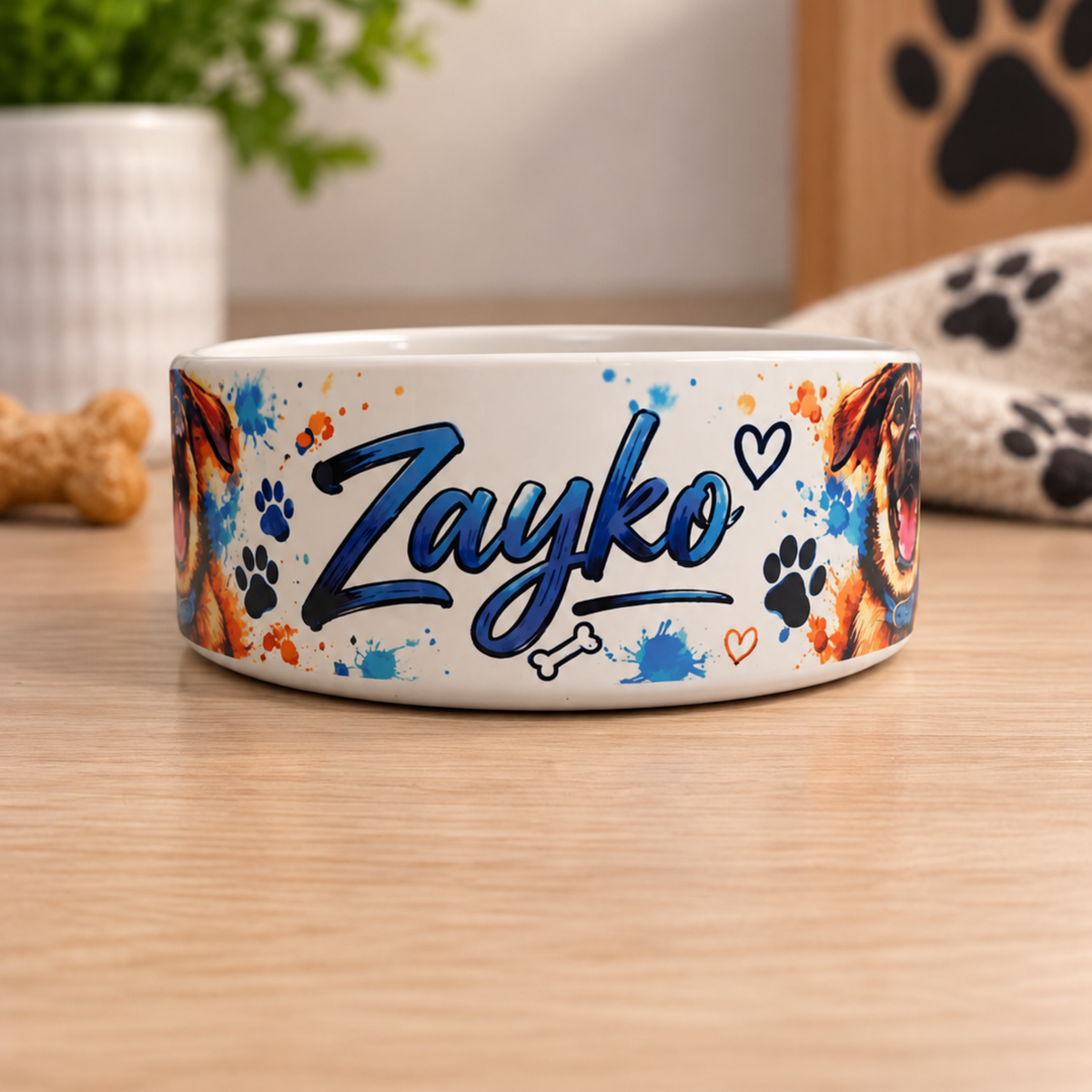 Gamelle chien personnalisée avec photo et prénom Zayko, motif bleu avec portrait du chien