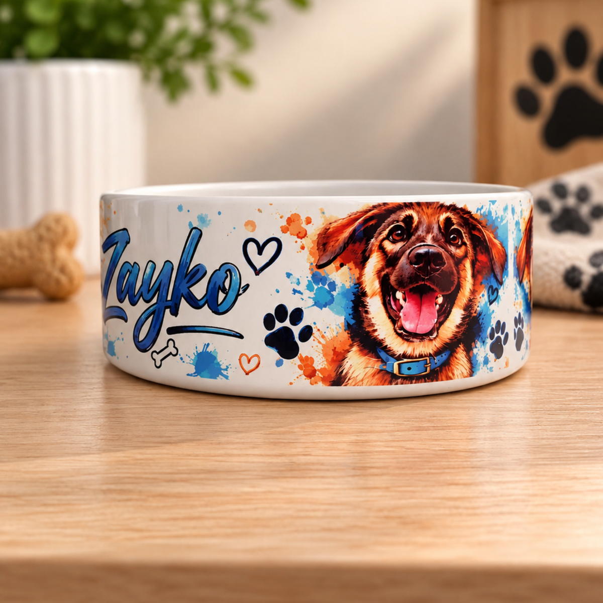 Gamelle personnalisée pour chien avec photo et prénom Zayko, design bleu coloré avec pattes et cœurs