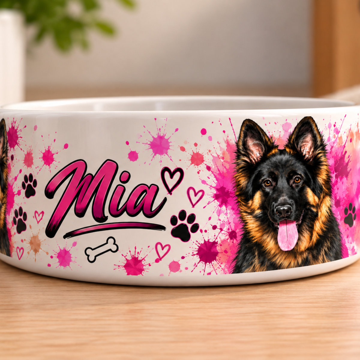 Gamelle pour chien personnalisée avec photo et prénom Mia, motif rose et empreintes de pattes