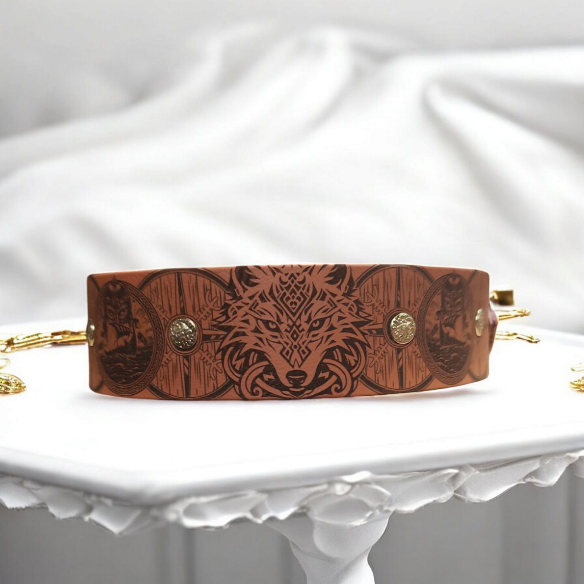 Collier chien Ragnarök biothane marron vu de face avec gravure personnalisée