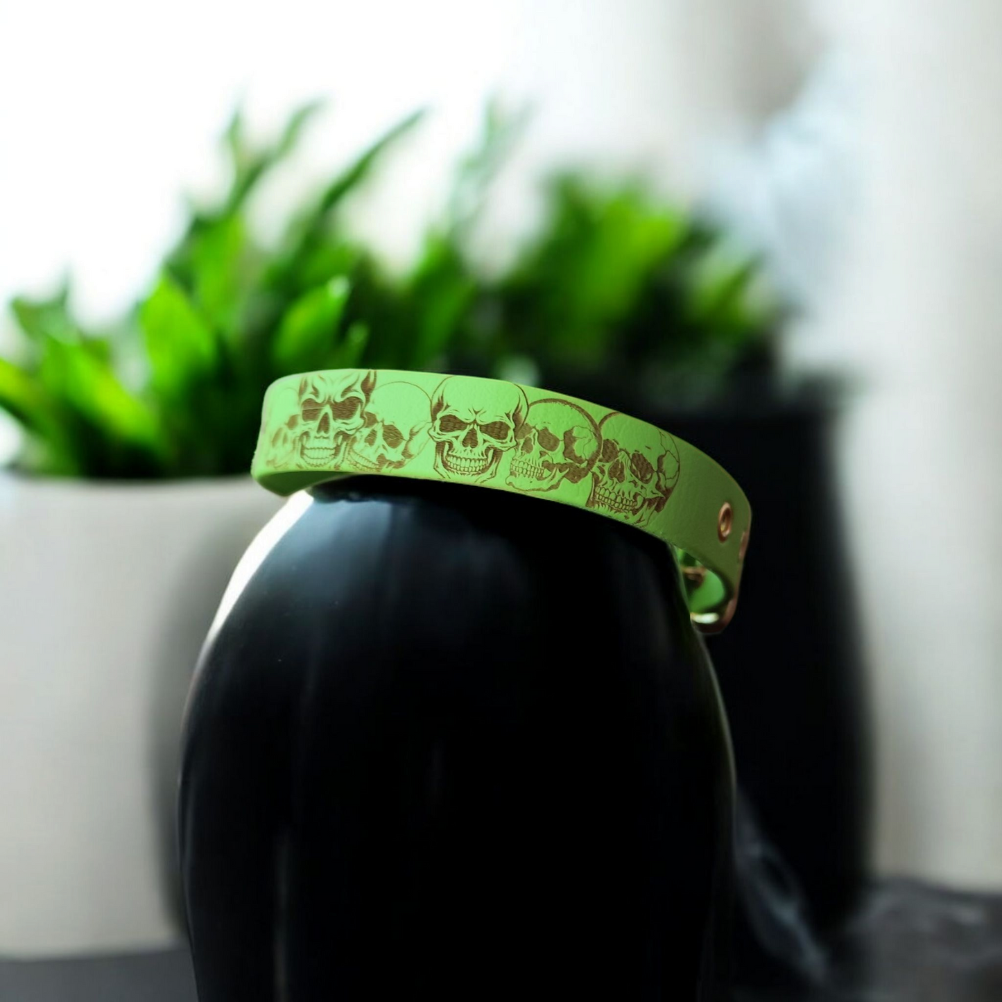 Collier pour chien en biothane 19 mm coloris apple vert avec design têtes de mort gravées, collier léger, résistant et personnalisable.
