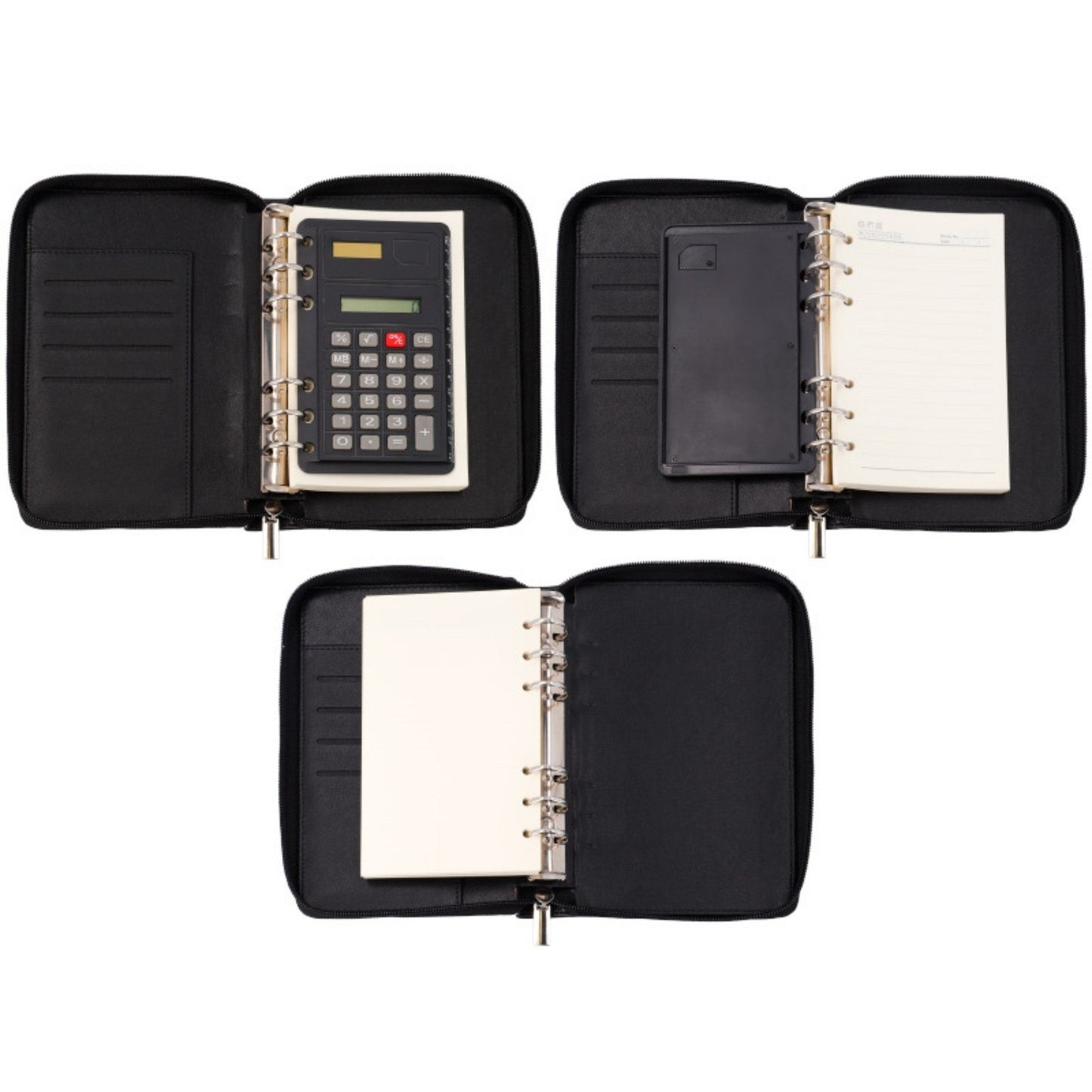 Intérieur du planner personnalisé avec mécanisme à 6 anneaux, calculatrice intégrée, emplacements pour cartes et feuilles rechargeables format Personal.