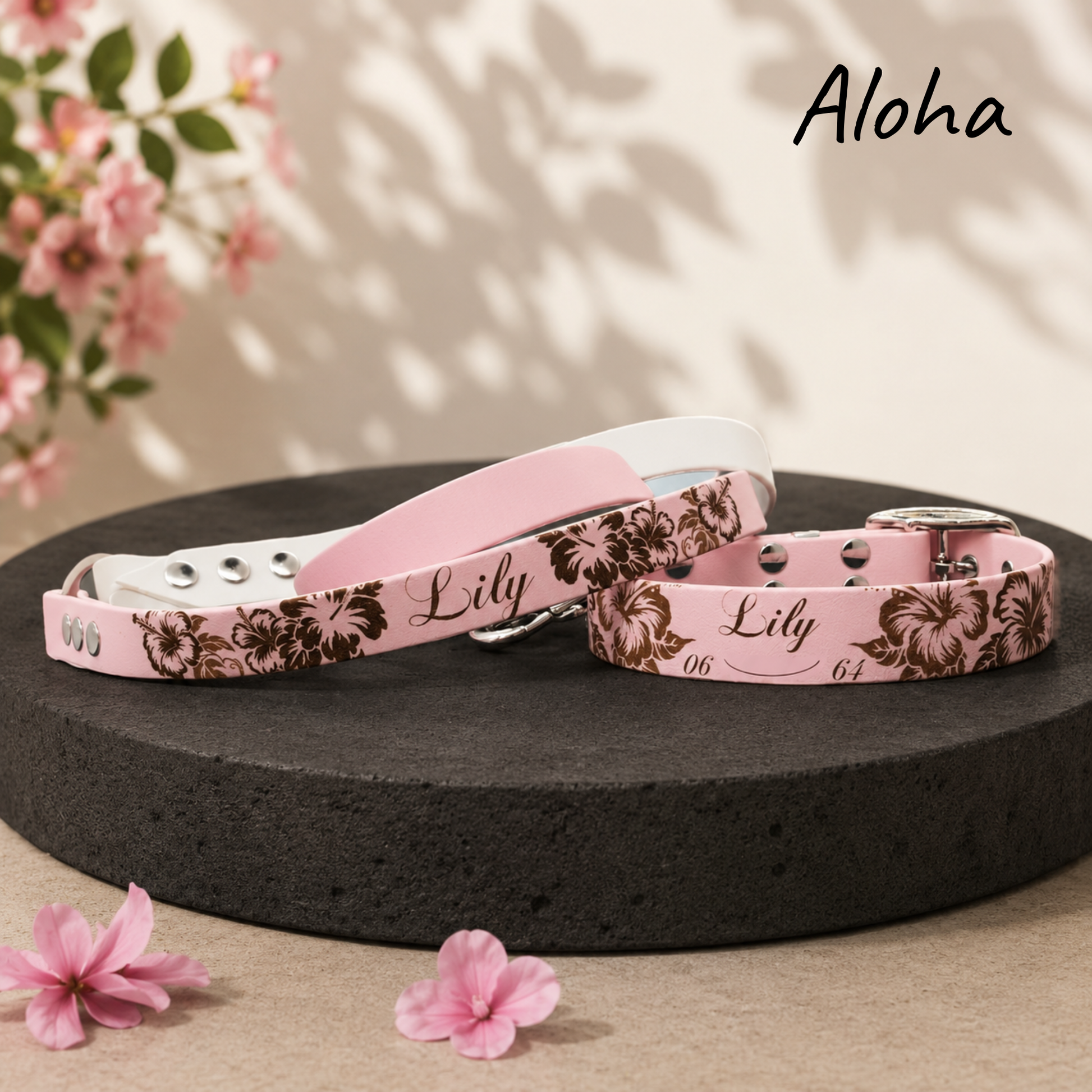 Ensemble collier et laisse Aloha en Biothane personnalisés aux couleurs tropicales