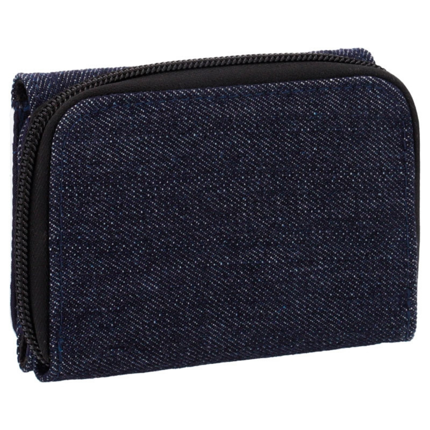 Dos du portefeuille porte-monnaie personnalisé en denim bleu avec compartiment extérieur zippé.