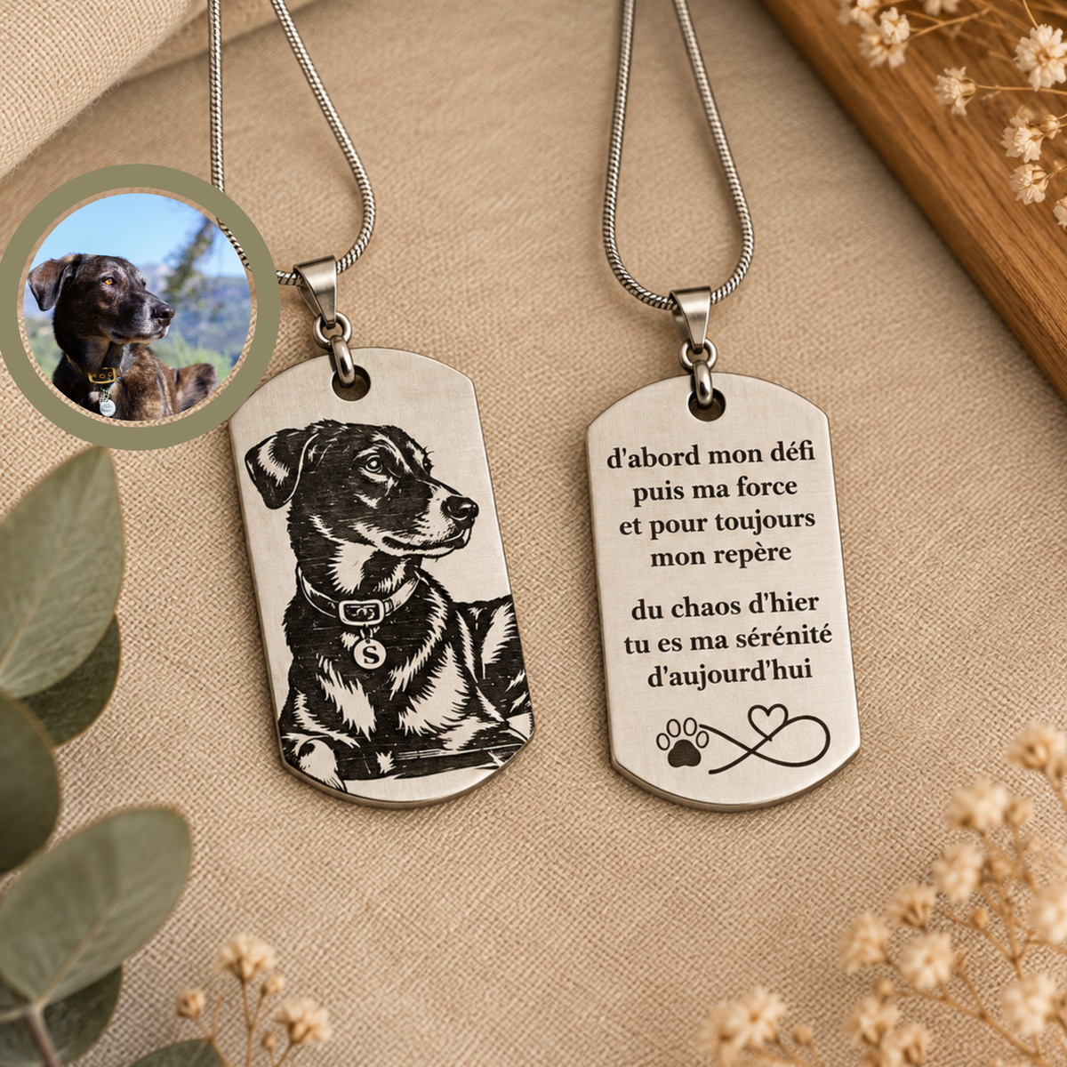 Pendentif personnalisé gravé avec la photo de votre chien, montrant la transformation de la photo originale en gravure laser sur métal