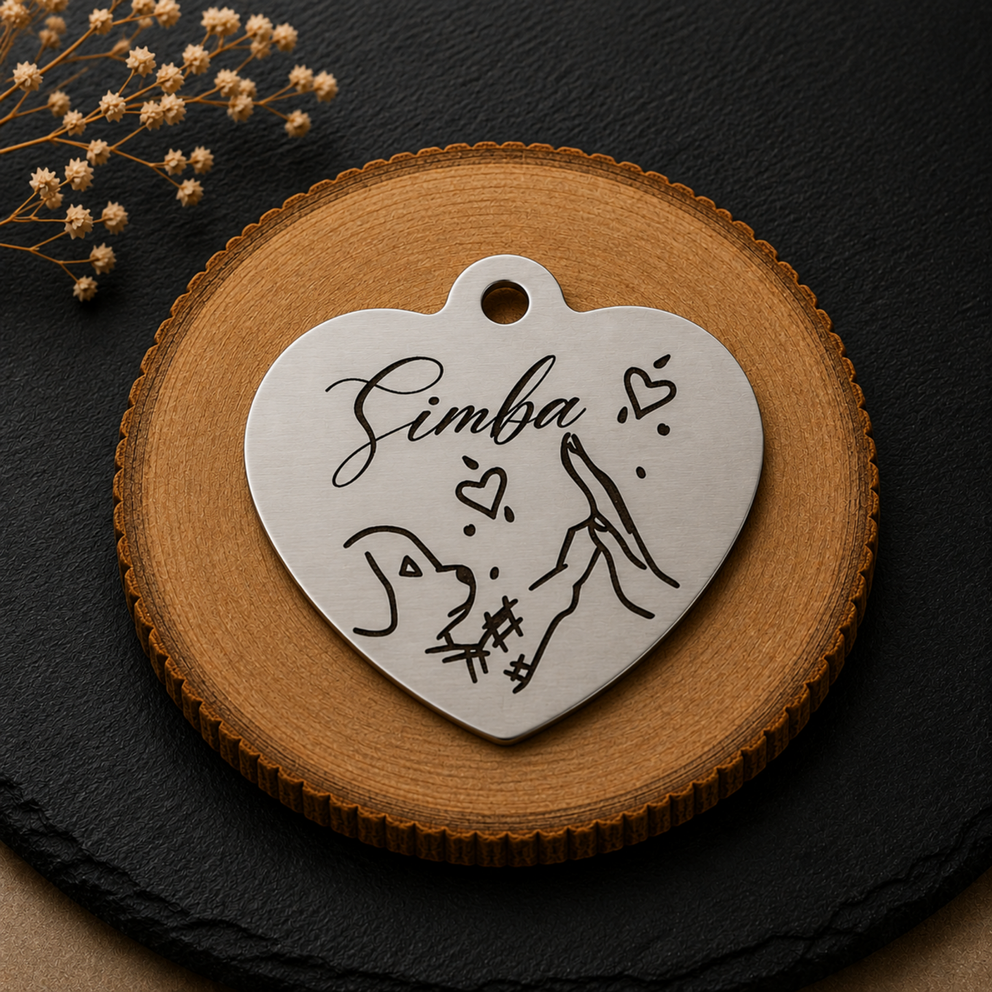 Médaille d’identification chien personnalisée en forme de cœur avec prénom et motif chien et main gravé