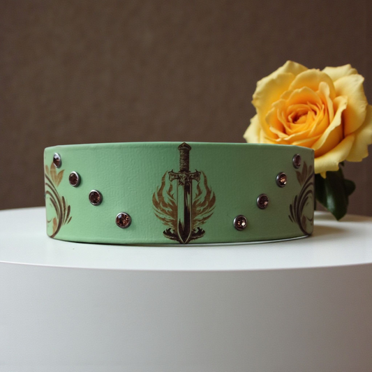 Collier en biothane Valoria  38 mm avec gravures d'épée et bouclerie dorée, fait main pour chien.