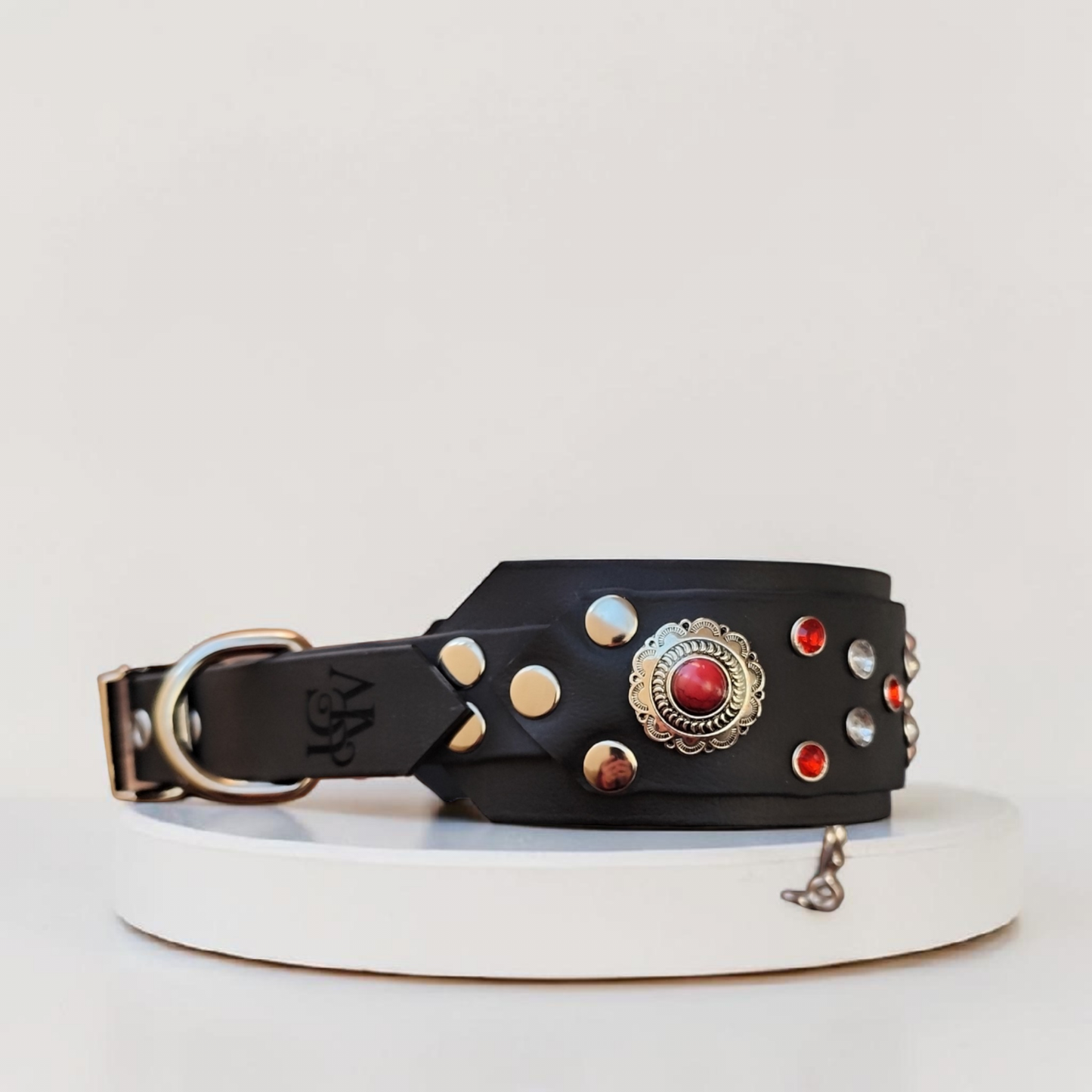 Collier pour grand chien Zénith en biothane noir vue de profil droit avec conchos décoratifs