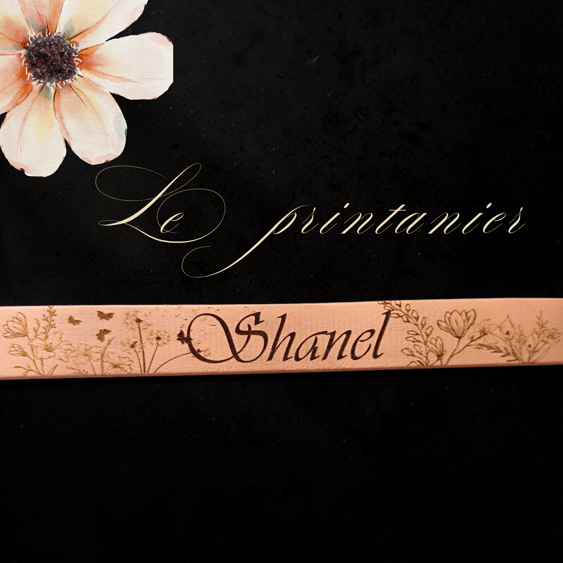 collier pour chien en biothane avec le nom du chien et des fleurs 