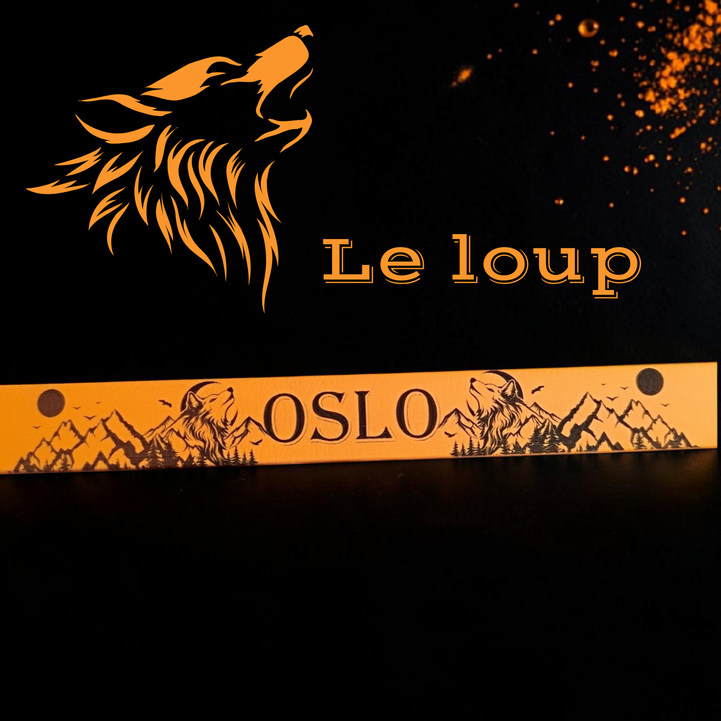 collier pour chien en biothane nom du chien avec loup et montagne 