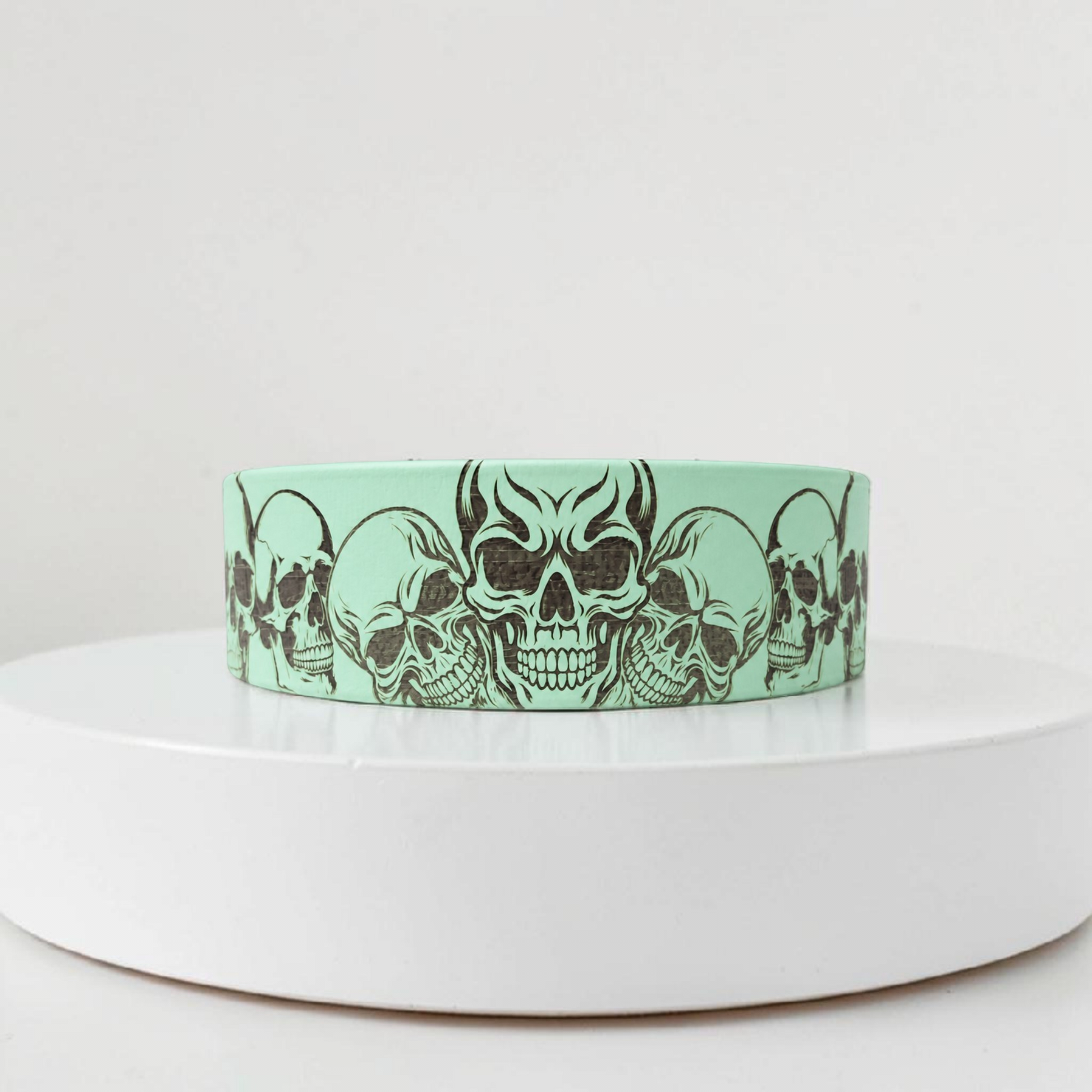 Collier pour chien en biothane 38 mm vert pastel avec gravure de têtes de mort, accessoire original fait main pour chien.