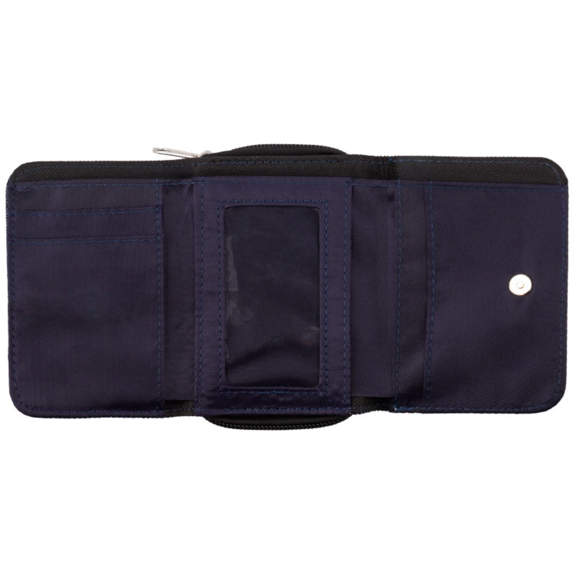Intérieur du portefeuille porte-monnaie personnalisé en denim avec emplacements pour cartes, compartiment transparent et rangements pour billets.