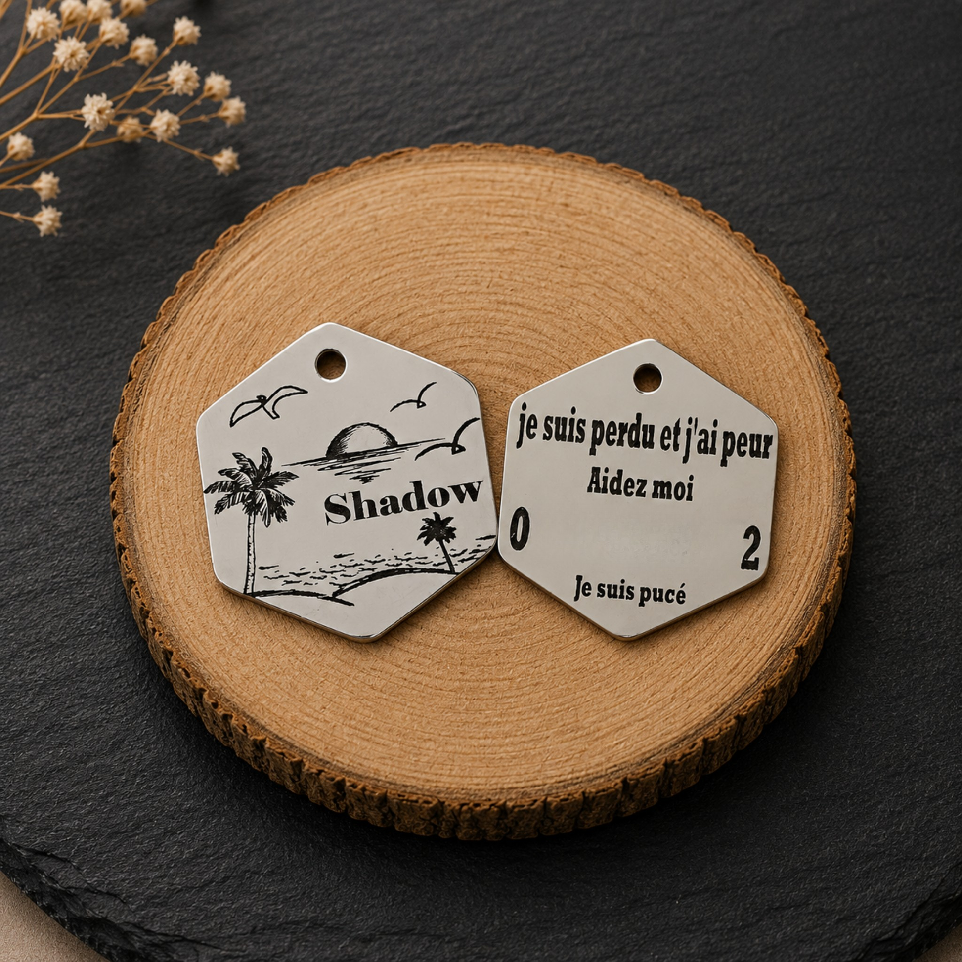 Médaille hexagonale pour chien personnalisée avec motif tropical, palmiers et coucher de soleil