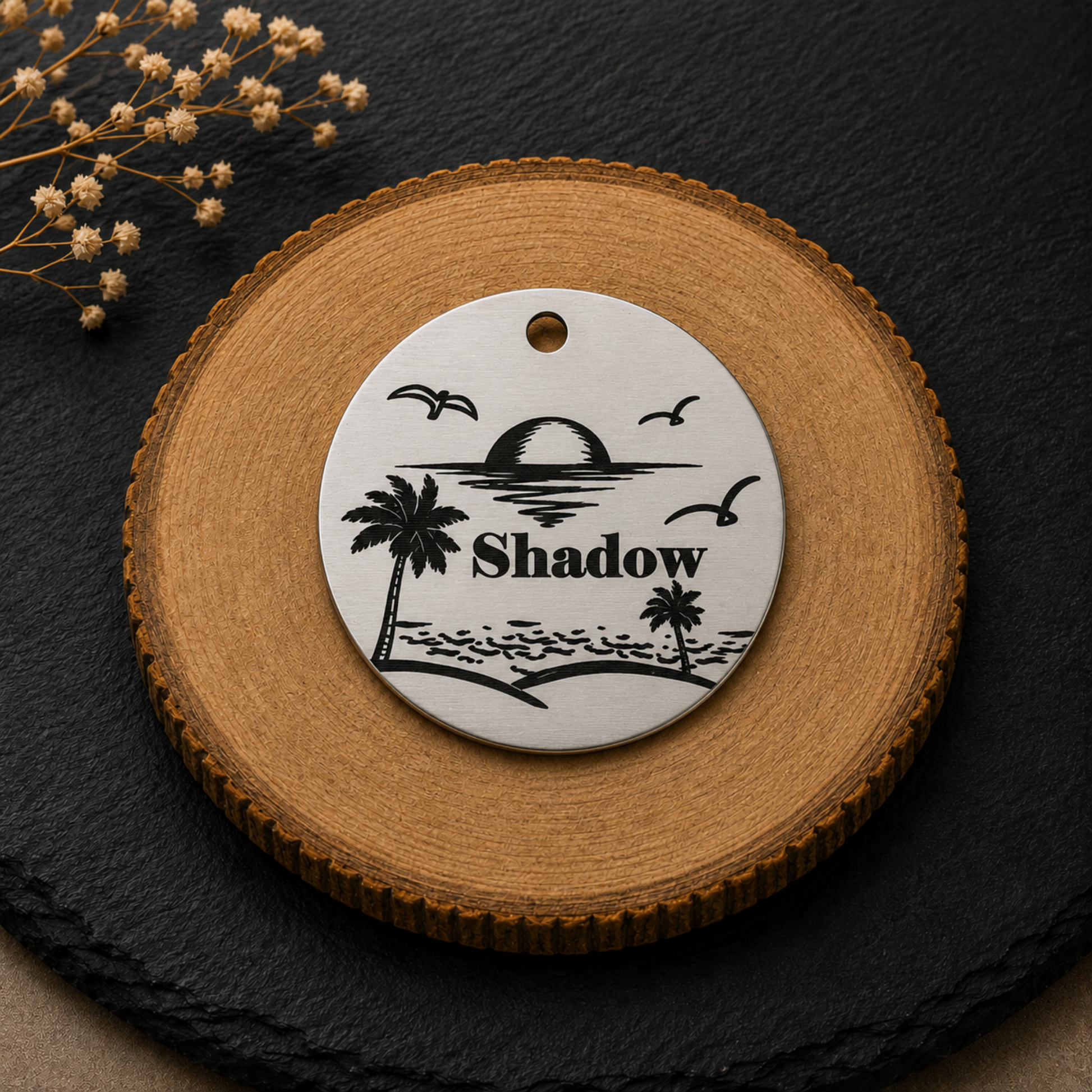 Médaille ronde pour chien personnalisée avec motif coucher de soleil et palmiers