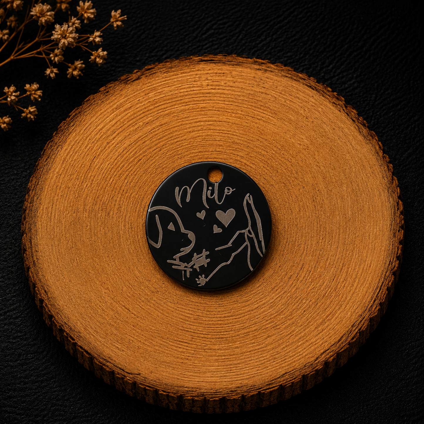 Médaille d’identification chien personnalisée ronde noire Mon Chien & Moi avec gravure d’un chien et d’une main