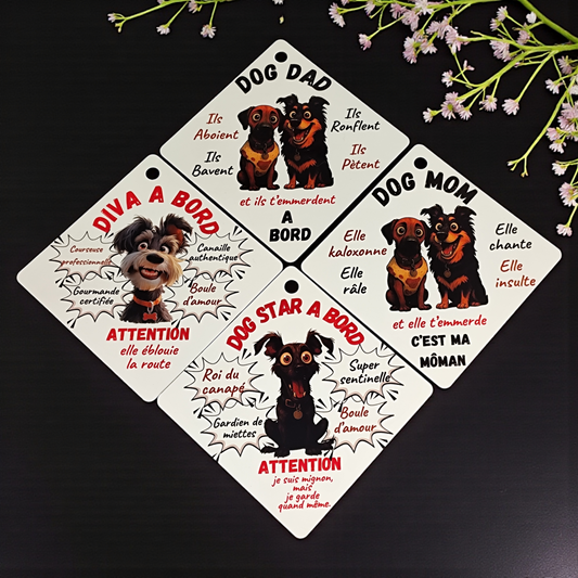 4 modèles de pancartes de voiture dog mom , dog dad