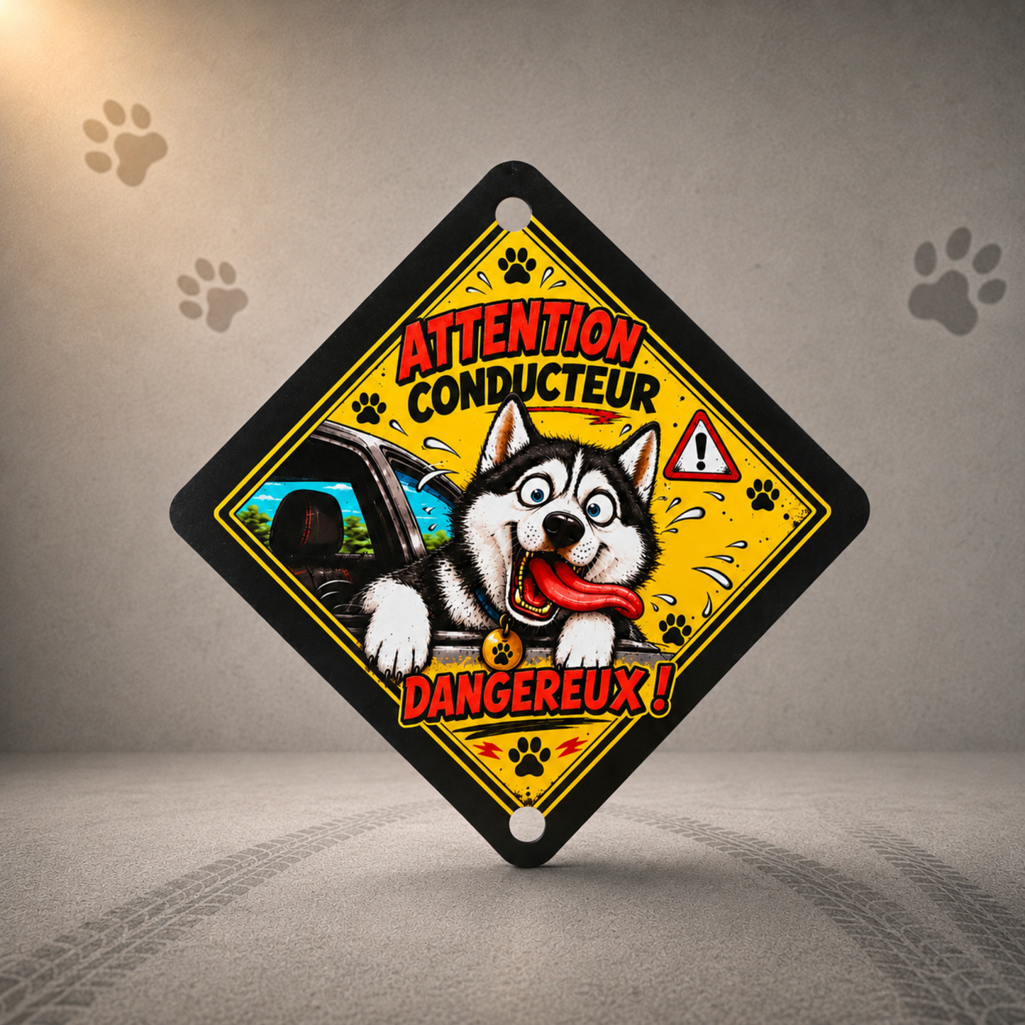 Panneau voiture personnalisé avec illustration de chien réalisée à partir d'une photo, idéal pour les amoureux des animaux et des accessoires originaux.