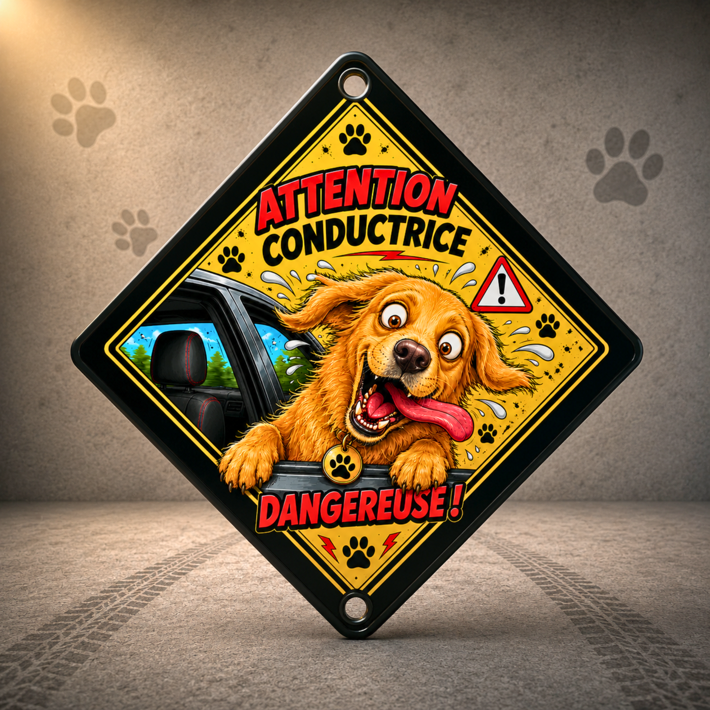 Pancarte humoristique pour voiture personnalisée à partir d'une photo de chien, fixée sur la vitre arrière grâce à ses ventouses.
