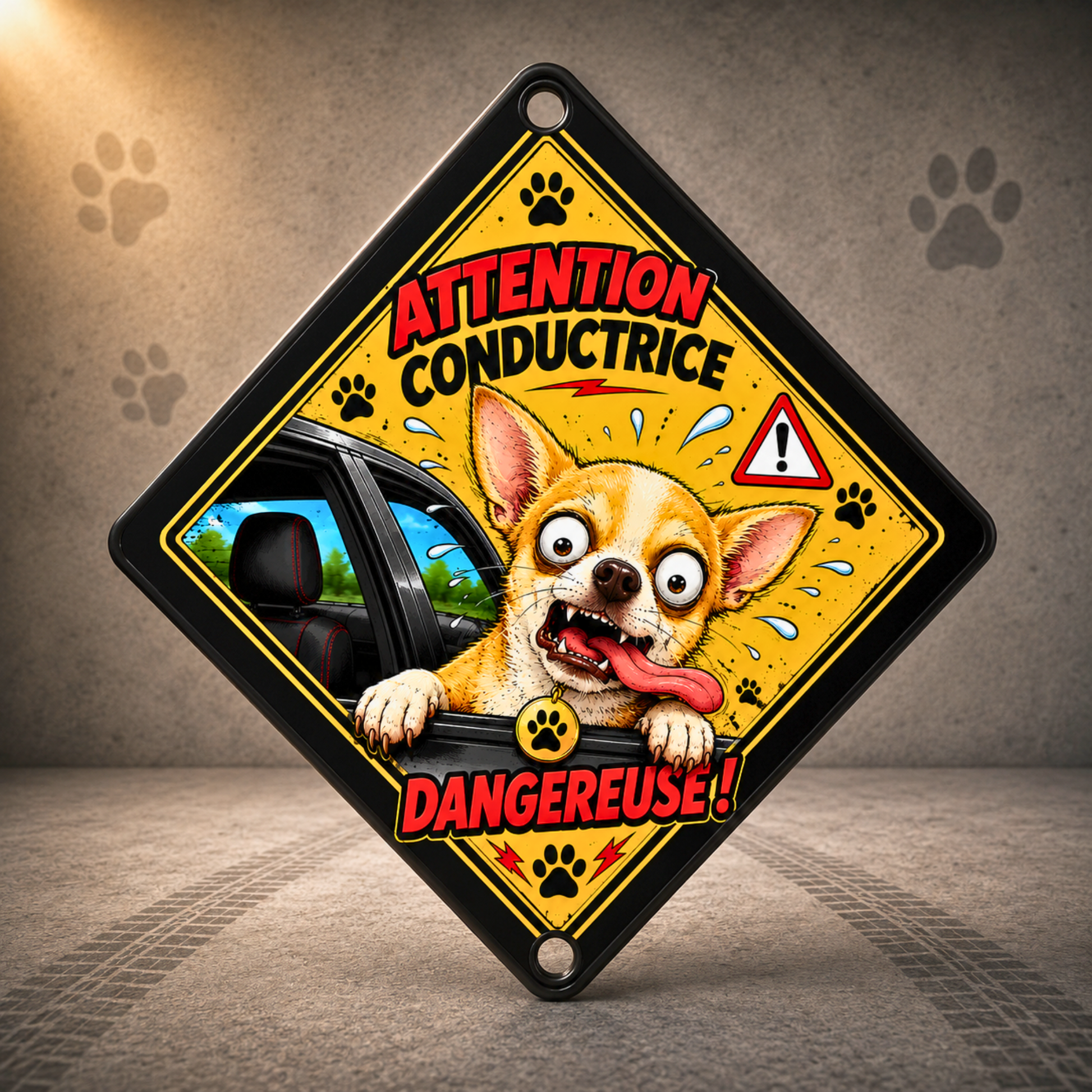 Pancarte de voiture personnalisée avec portrait de chien réalisé à partir d'une photo, cadeau original pour propriétaire de chien.