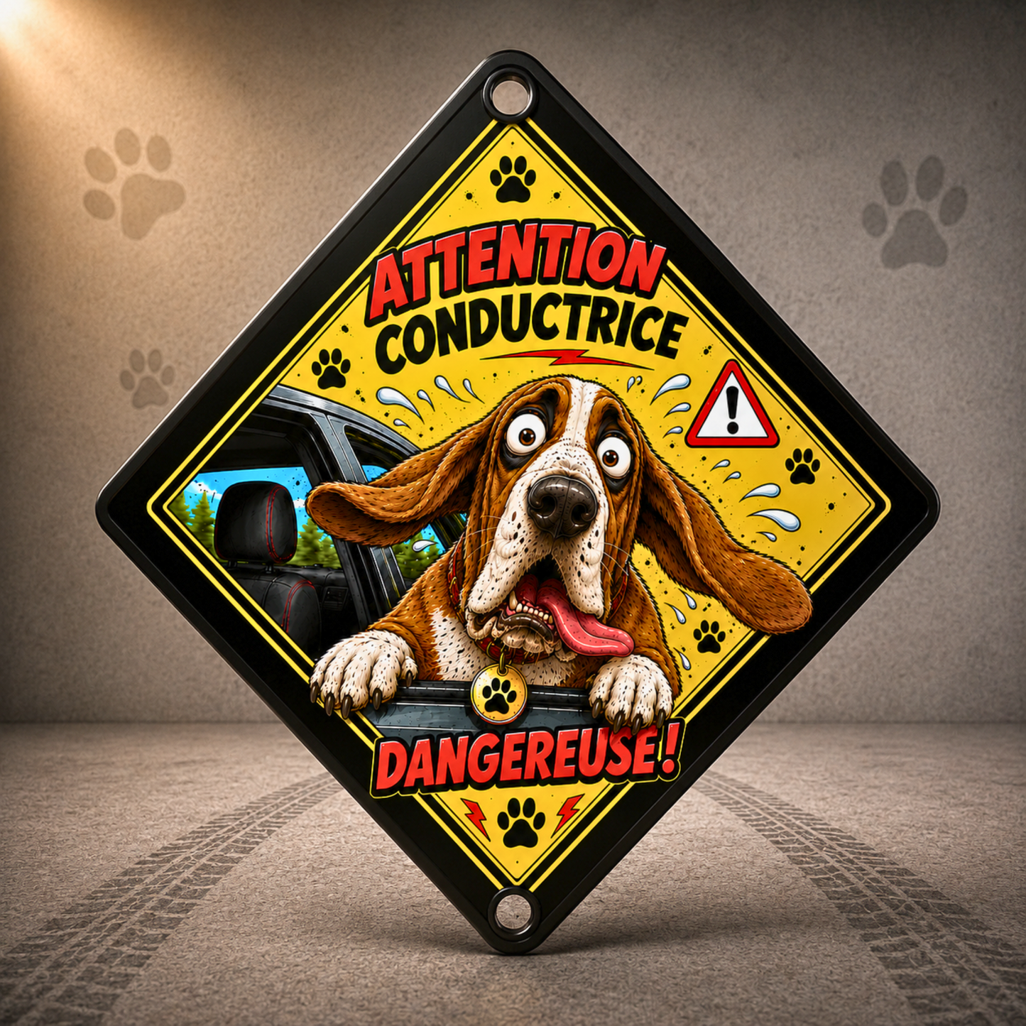 Pancarte voiture chien personnalisée créée à partir de la photo de votre compagnon avec message humoristique "Conducteur dangereux" ou "Conductrice dangereuse".