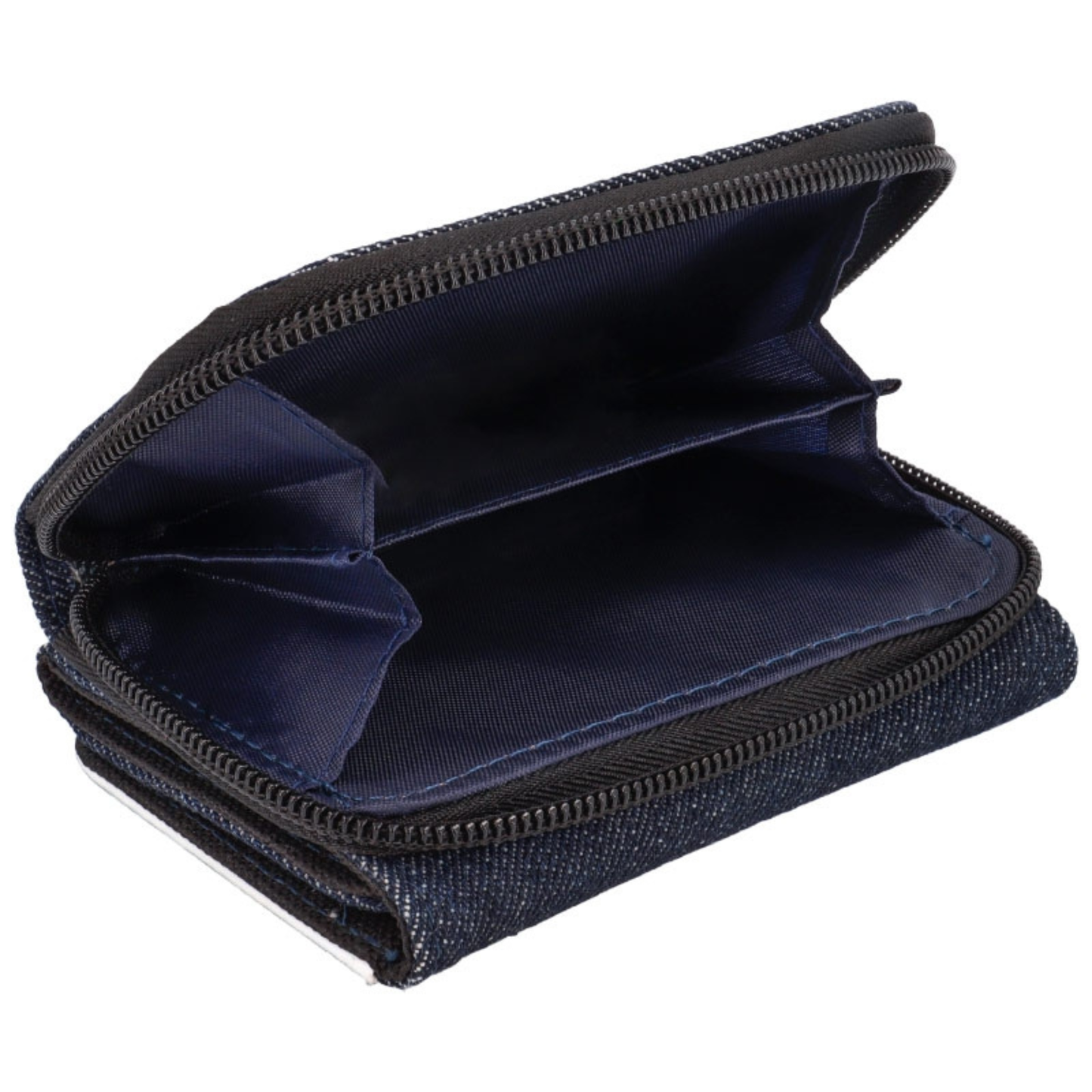 Compartiment porte-monnaie zippé du portefeuille personnalisé en denim, montrant le double espace de rangement intérieur.