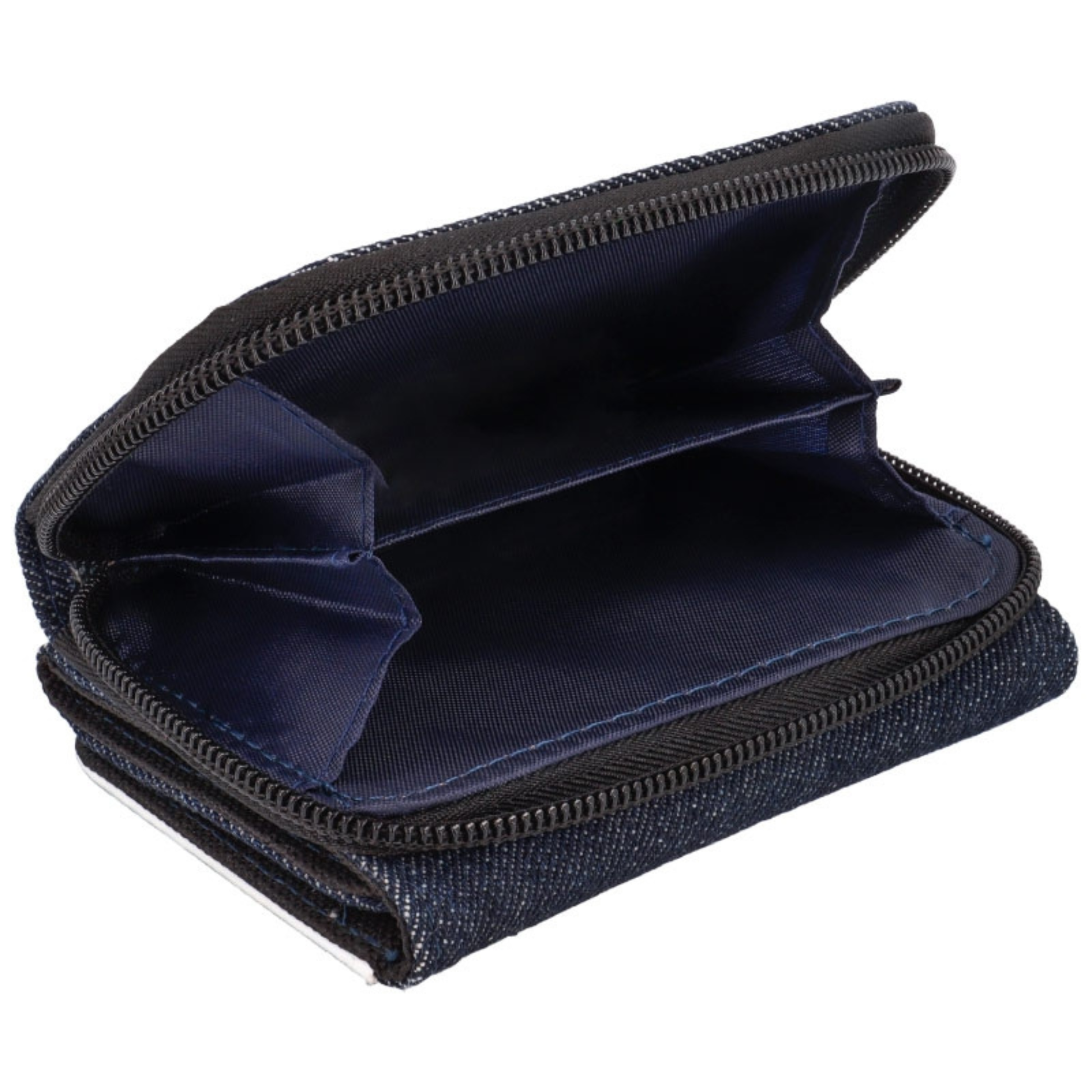 Compartiment porte-monnaie zippé du portefeuille personnalisé en denim, montrant le double espace de rangement intérieur.
