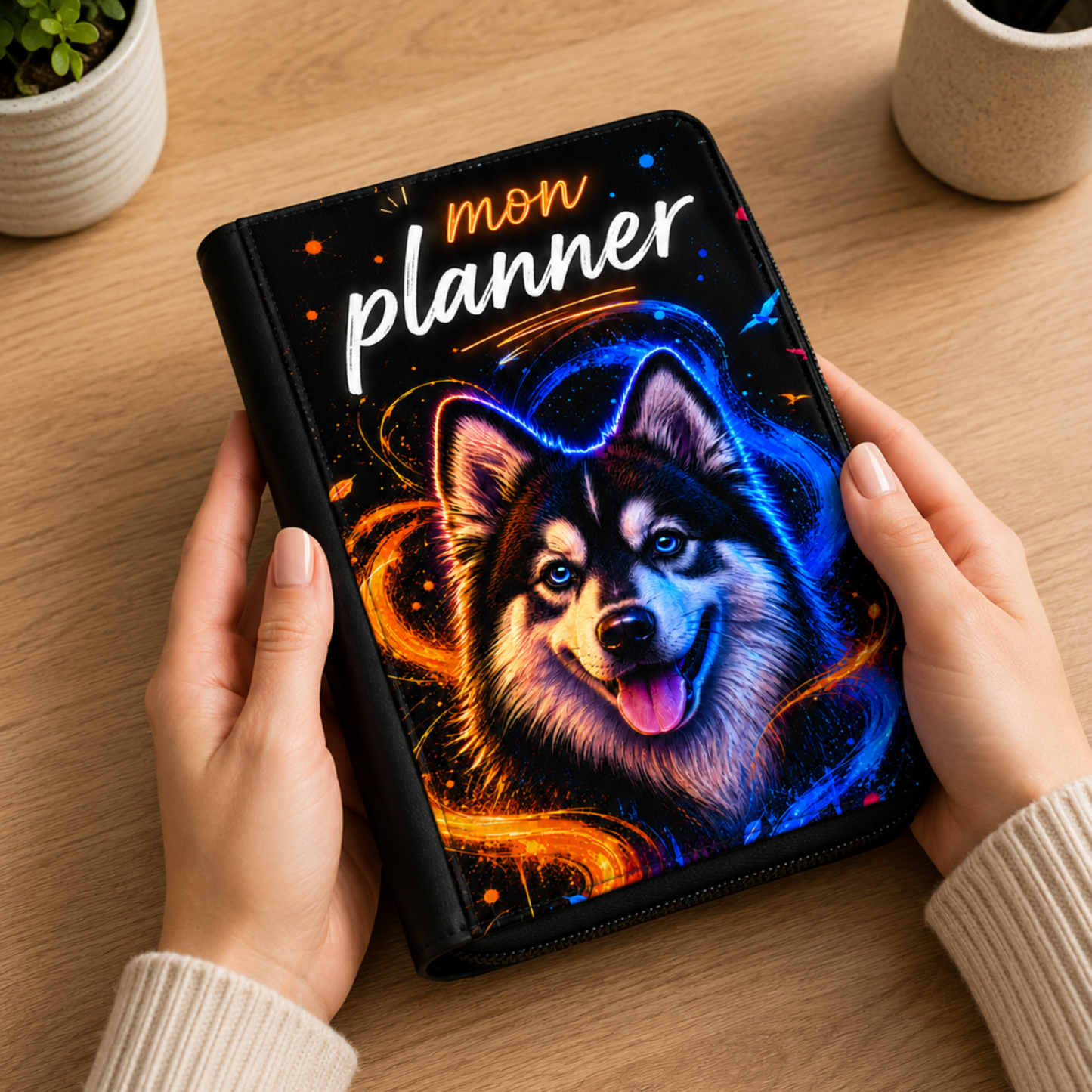 Planner personnalisé avec portrait d'un chien en style Éclat de couleur, couverture effet cuir à fermeture zippée, tenu dans les mains.