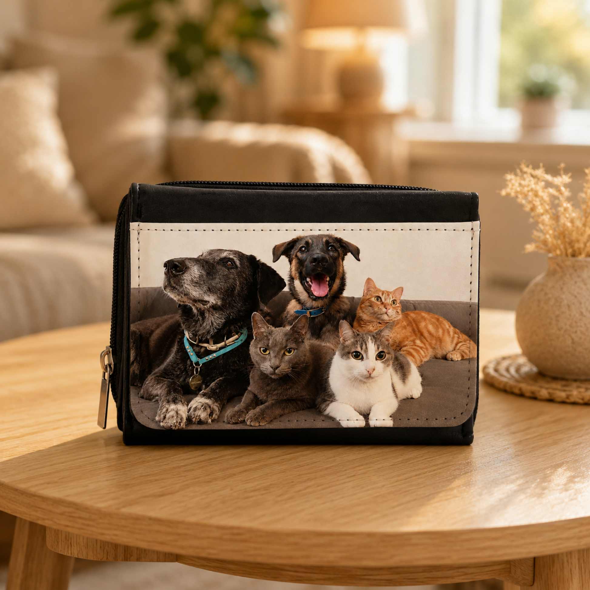 Porte-monnaie personnalisé en simili cuir avec photo de chiens et chats, posé sur une table basse dans un intérieur chaleureux.