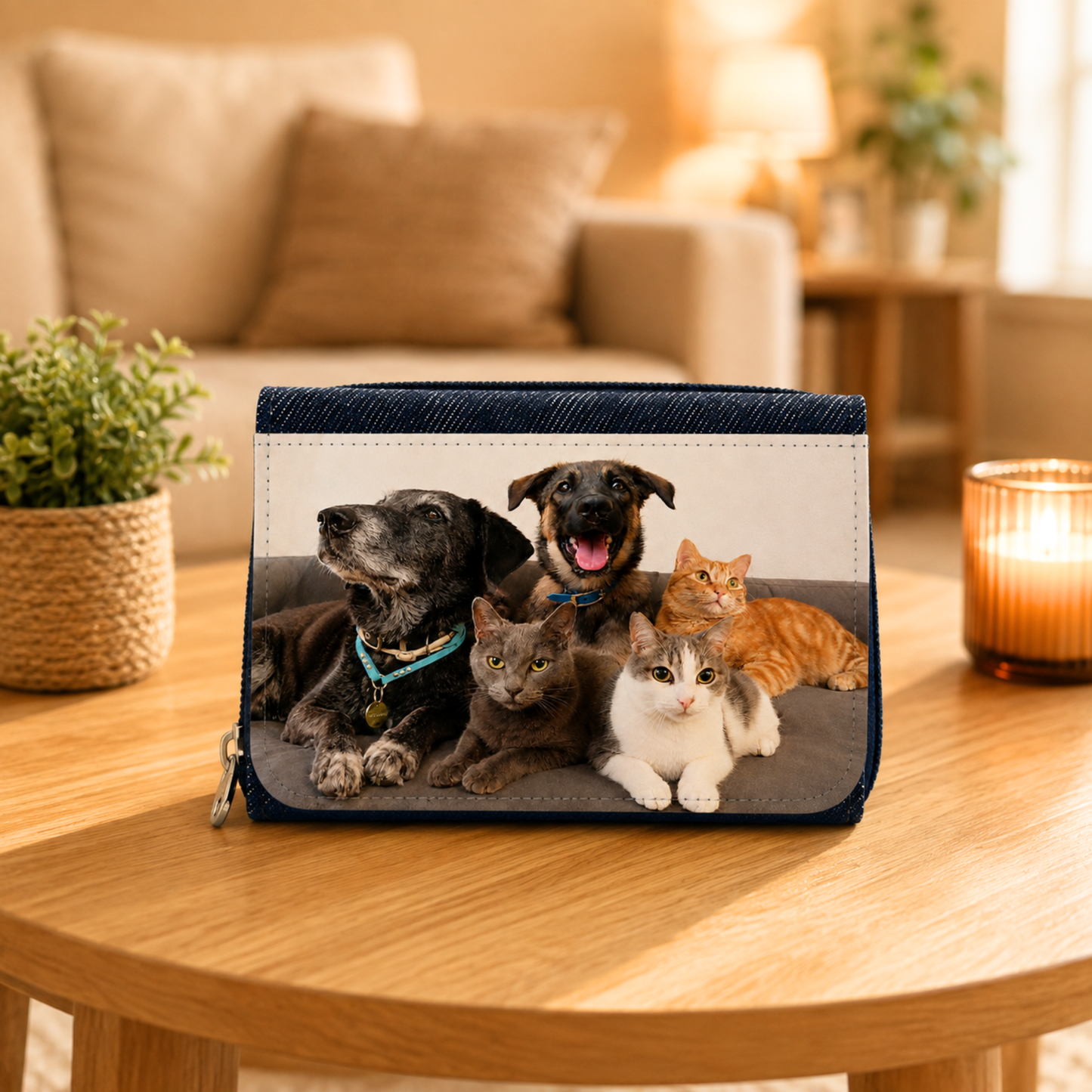 Portefeuille personnalisé en denim avec portrait de famille de chiens et chats, posé sur une table en bois dans un salon lumineux.