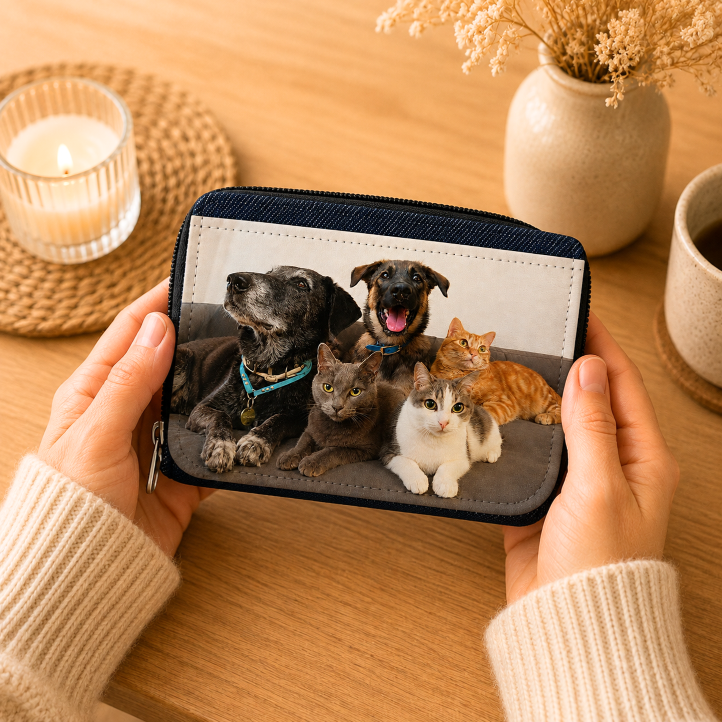Portefeuille porte-monnaie personnalisé en denim avec la photo de plusieurs animaux de compagnie, tenu dans les mains dans une ambiance chaleureuse.