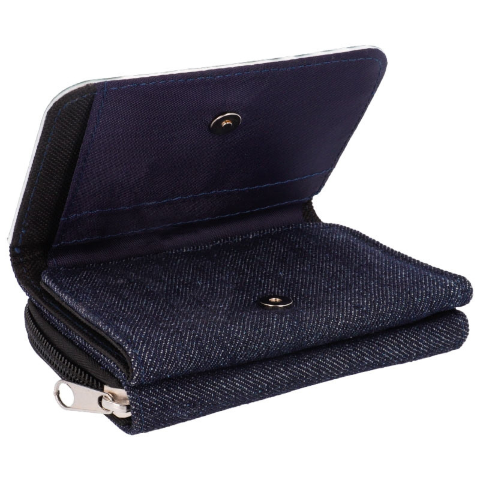 Portefeuille personnalisé en denim avec rabat à fermeture magnétique ouvert, vue du compartiment principal.