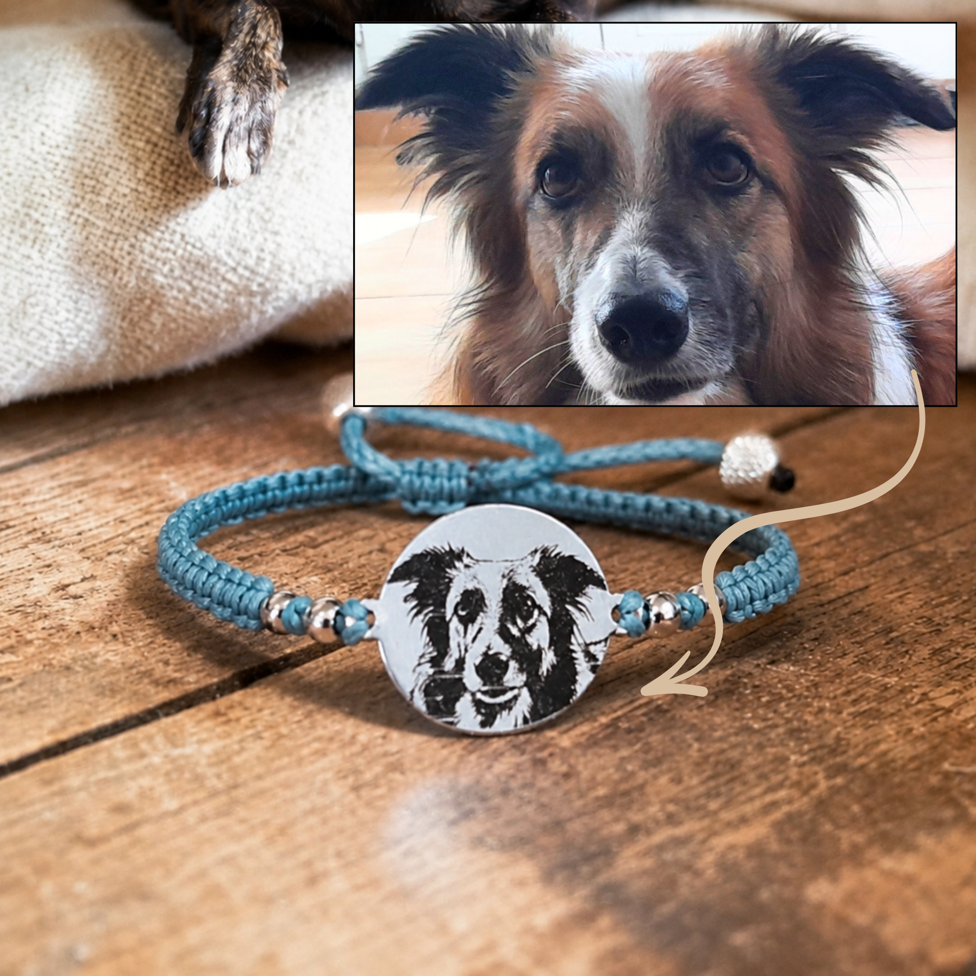 Comparaison entre la photo du chien et le bracelet gravé personnalisé montrant une gravure fidèle et chargée d’émotion