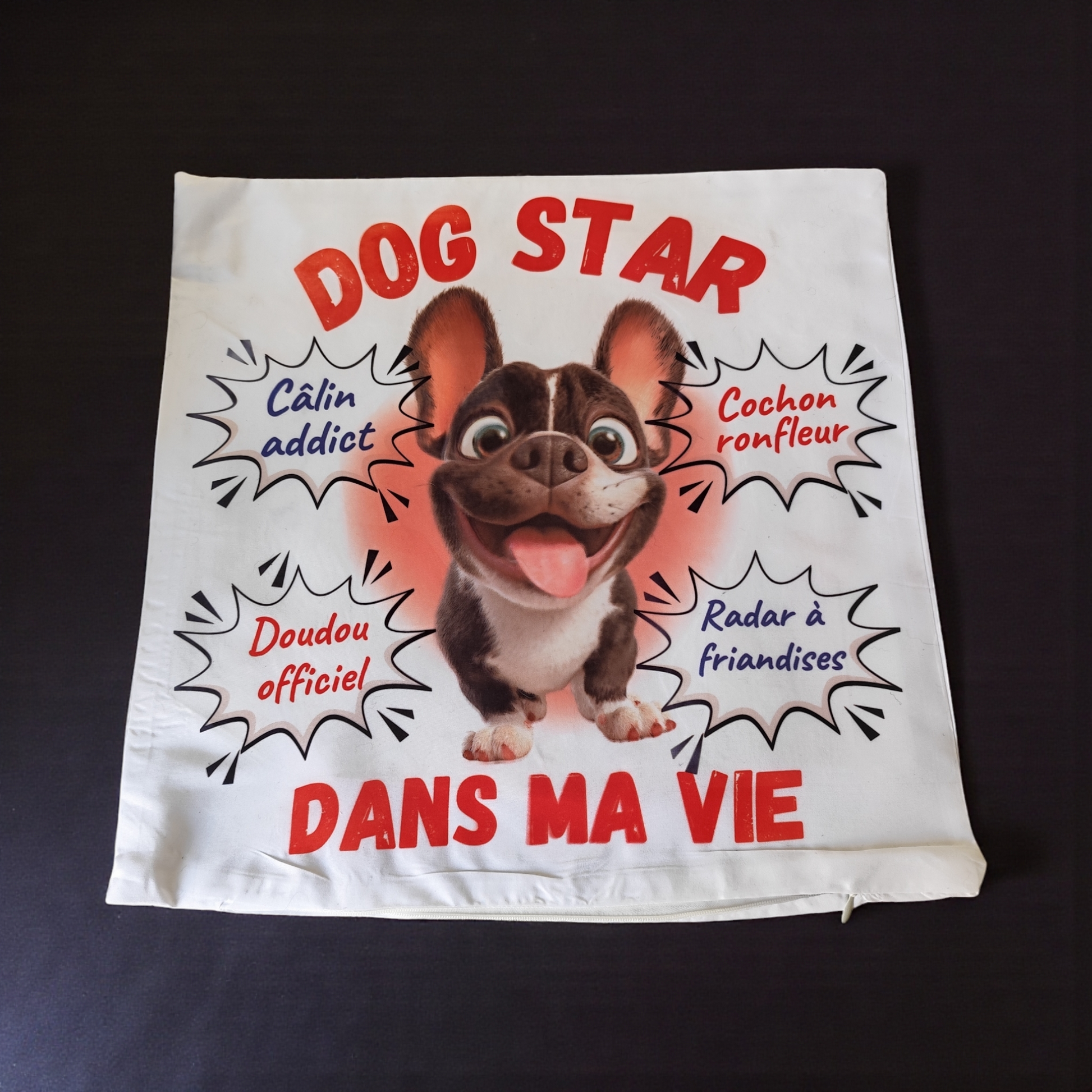 Taie d’oreiller chien personnalisée avec bulles de texte, phrases courtes adaptées au caractère du chien