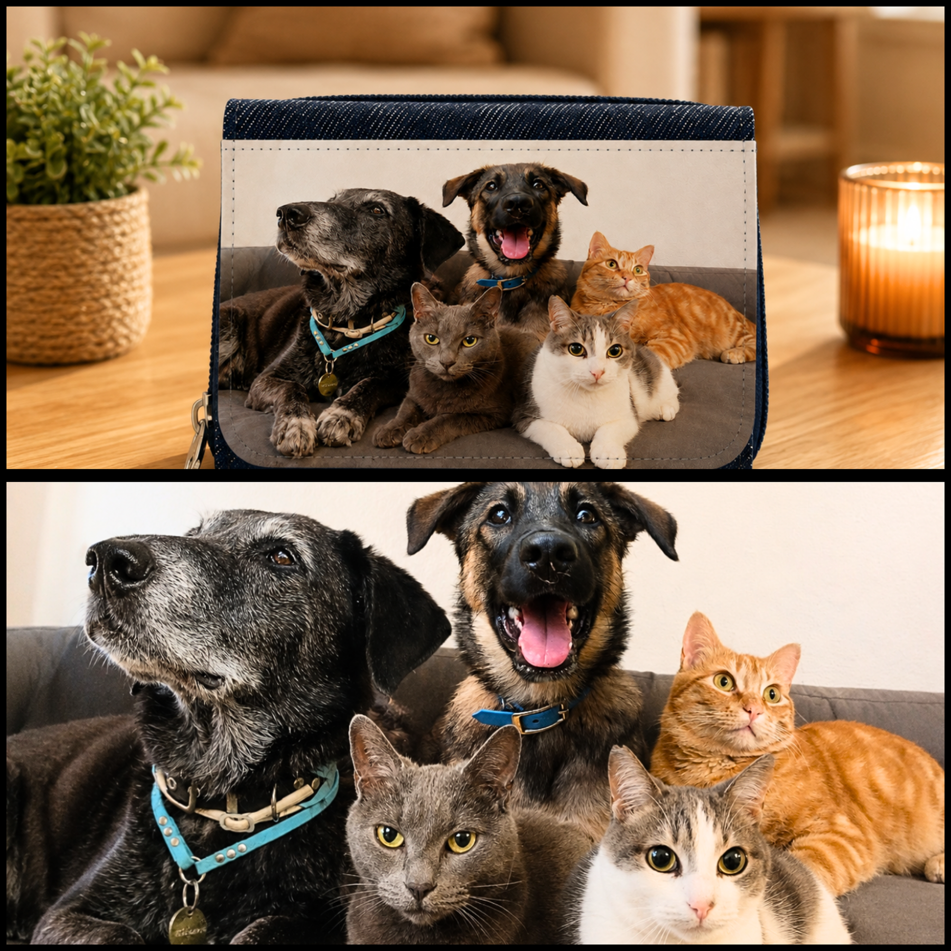 Montage présentant un portefeuille personnalisé avec photo de chien et de chats, accompagné d'un gros plan sur l'impression haute qualité du portrait.
